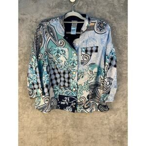 Chico's Linen Jacket Medium Plus Paisley Snap Button Country Club Preppy